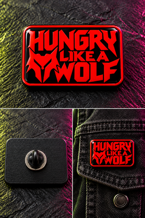 A red and black enamel pin with the text 'HUNGRY LIKE A WOLF' and a wolf head graphic, shown in a three-panel collage including a close-up of the pin, a black square backing, and the pin attached to a denim jacket.